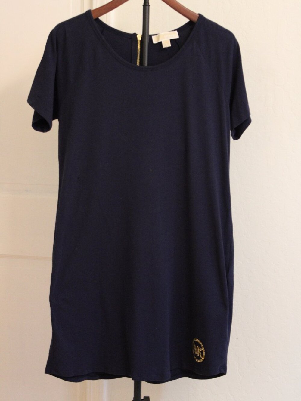Michael Kors Navy Blue T-Shirt Dress Size Large Gold Logo Back Zip NWOT